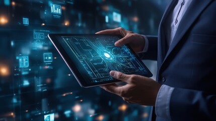 Poster - A businessman employs a digital tablet to access blockchain technology and data encryption tools