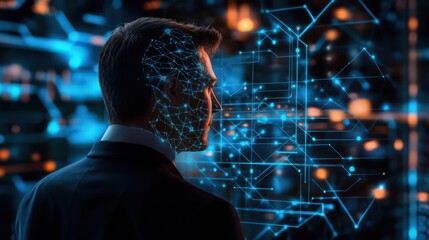 Poster - A businessman employs AI to explore blockchain technology and data encryption, focusing on enhancing data science