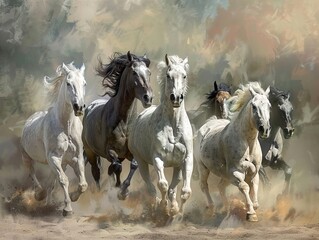 Wall Mural - Herd of Horses Galloping in Dust - Wild and Free