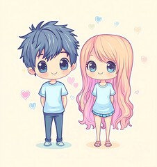 Cute chibi boy and girl, pastel colors, vector illustration, full-body, simple background, cute kawaii style