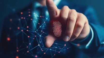 Poster - A businessman ensures data privacy by using fingerprint scanning to securely access the network