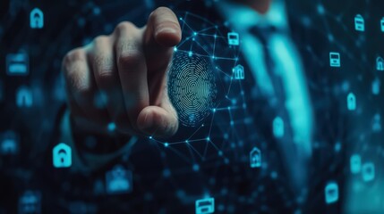 Poster - A businessman ensures data privacy by using fingerprint scanning to securely access the network