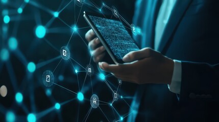 Poster - A businessman integrates blockchain technology and data encryption with AI on a digital tablet, ensuring secure and efficient business operations