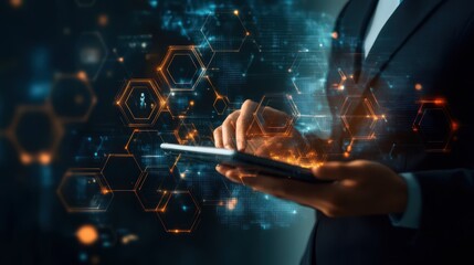 Poster - A businessman integrates blockchain technology and data encryption with AI on a digital tablet, ensuring secure and efficient business operations