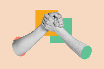 creative collage picture human hands agreement unity support handshake gesture arms 3d body fragment