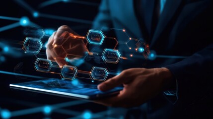 Poster - A businessman manages data encryption and blockchain technology with AI on a digital tablet, enhancing security and efficiency in business operations.