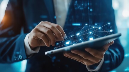 Poster - A businessman manages data encryption and blockchain technology with AI on a digital tablet, enhancing security and efficiency in business operations.