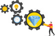 © ma_design - Businessman with magnifier diamond from cog gear production. Optimize cost and expense for better profit strategy. Flat vector illustration