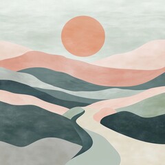 Poster - Abstract watercolor painting of a mountain range with a winding road leading into the distance, a large orange sun in the sky.