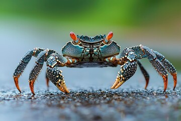 Canvas Print - Close-up of a Black and Blue Crab with Orange Eyes