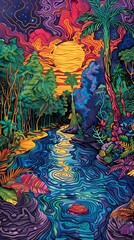 Sticker - Colorful pond illustration poster background