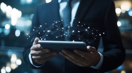 Poster - a businessman uses digital tablets to enhance crm, connecting with customers through advanced networ