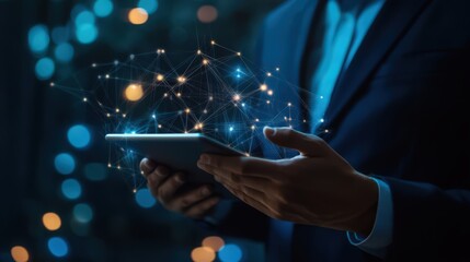 Poster - A businessman uses digital tablets to enhance CRM, connecting with customers through advanced network technology.