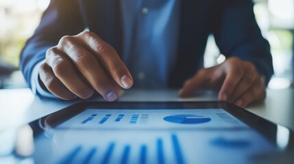 Poster - A businessman uses his tablet to delve into sales data and financial reports, tracking business growth charts.
