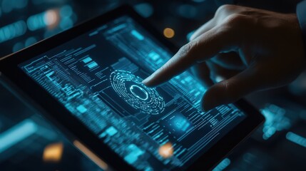 Poster - A businessman utilizes biometric security systems on a digital tablet to safeguard sensitive data