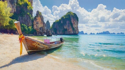 Wall Mural - A vibrant long-tail boat anchored on a sunny beach in Krabi, with limestone cliffs rising from the emerald sea, embodying the essence of a tropical paradise