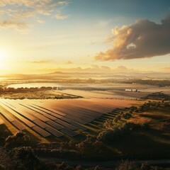 Sticker - Aerial view of a solar farm with sunset in the background.