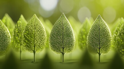 3D digital art of trees made from tiny green lines, arranged in rows and neat patterns.