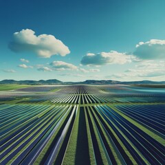 Wall Mural - Aerial view of a vast solar farm with rows of panels set against a blue sky and white clouds.