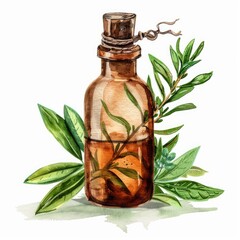 Poster - Aromatic Myrtle Essential Oil in Green Glass Bottle with Fresh Leaves. Herbal Aromatherapy Concept in Watercolor Illustration