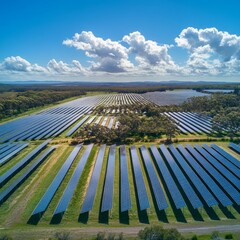 Wall Mural - Aerial view of a vast solar panel farm, with rows of panels stretching out across a field, under a bright blue sky with white clouds.