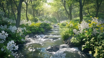 Sticker - A flowing stream in a springtime forest, with blooming flowers and fresh green foliage creating a vibrant, rejuvenating atmosphere.