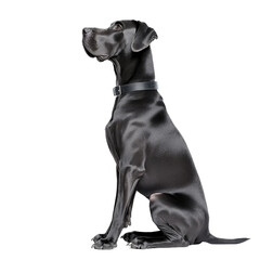 Elegant black dog in seated position isolated on white background, showcasing its sleek and shiny coat.