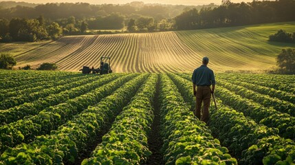 Farmer checking irrigation system, lush green crops, early morning light, farm equipment, serene countryside