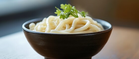 Minimalist presentation of Japanese udon noodles in a plain bowl with a hint of garnish simple and serene