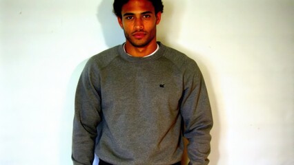 A young man wearing a gray sweatshirt and looking at the camera