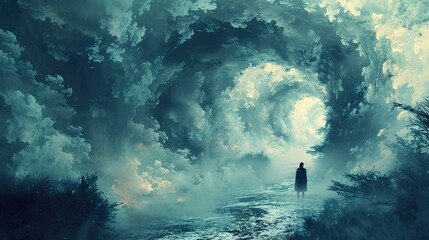 surreal dreamscape: a figure walks towards a whirl of clouds