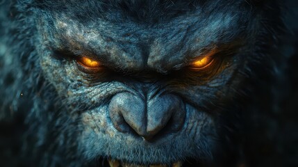 nightmarish ape face emerging from inky darkness glowing eyes sharp teeth and matted fur details eerie atmosphere with subtle unsettling shadows