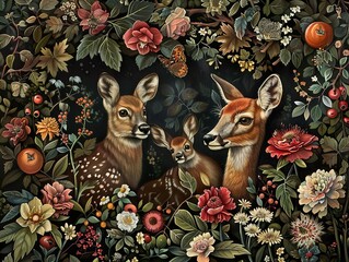 Poster - Deer Family Portrait in a Floral Paradise