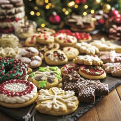 Canvas Print - An assortment of Christmas cookies, decorated with frosting and sprinkles, on a wooden table.