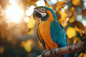 Poster - A Blue-and-Gold Macaw Perched on a Branch in the Sunlight