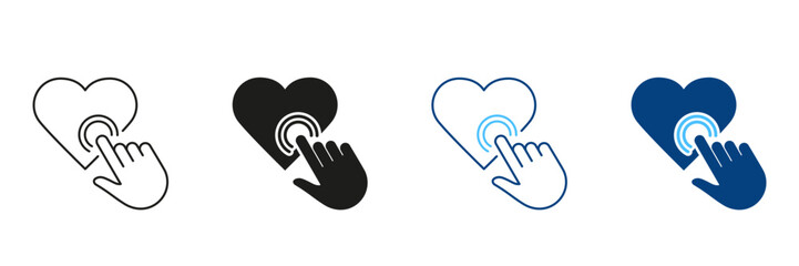 Poster - Finger Click The Heart Shape Button Line and Silhouette Icon Set. Human Hand Tap On Heart Pictogram. Like Sign For Social Media. Editable Stroke. Isolated Vector Illustration