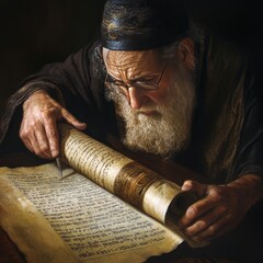 An elderly man with a long white beard and glasses reads an ancient scroll.