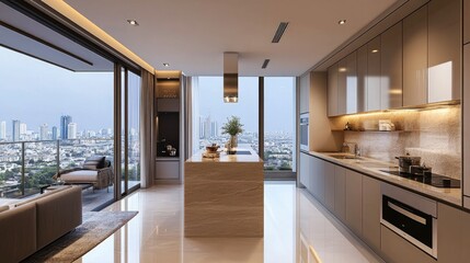 Elegant Bangkok condo interior with a modern kitchen, sleek cabinetry, and high-end appliances, staged for the real estate market, ready to attract buyers