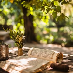 Poster - An open book with a scroll on a wooden table in a lush green garden setting.