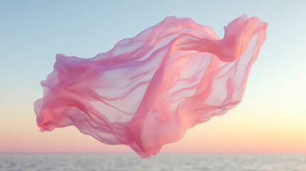 Poster - An ethereal image featuring a piece of delicate pink cloth gracefully floating against a soft, pastel-colored sky backdrop.