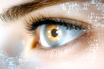 Poster - A close-up digital art featuring a human eye, emphasizing the convergence of organic and electronic with cyber-visual elements.