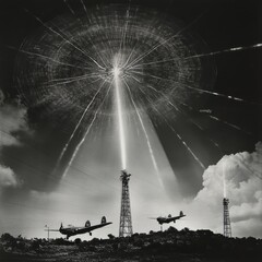 black and white photo of two airplanes flying past a tall tower with a light beam shining in the nig