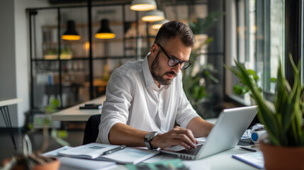Poster - an accountant calculating business expenses in modern office, business financial data audit concept 