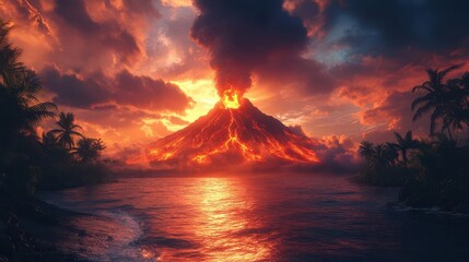 paradise island with erupting volcano fiery lava flows meeting turquoise ocean lush tropical vegetation dramatic sunset sky natures raw power