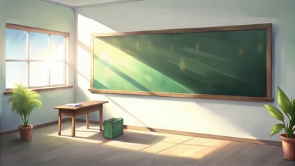 Canvas Print - A Sunny Classroom with a Green Chalkboard and a Desk