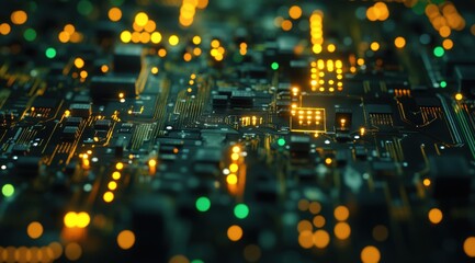 Wall Mural - Highly detailed circuit board with green and yellow lights