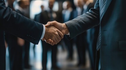 Wall Mural - Businessmen shaking hands in a line, with a suited bodyguard standing watchfully nearby. Highlights professionalism and security.