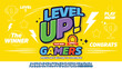 © brainpencil - Game. Level Up. Screen. Video game achievement, gaming level progress. Smart phone games. Vector illustration easy editable. Editable text effect Level Up 3d cartoon.