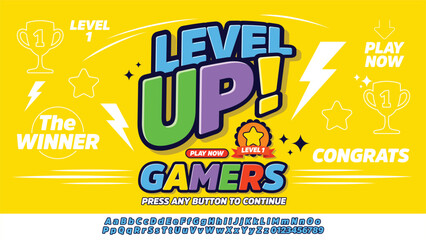 Game. Level Up. Screen. Video game achievement, gaming level progress. Smart phone games. Vector illustration easy editable. Editable text effect Level Up 3d cartoon. 