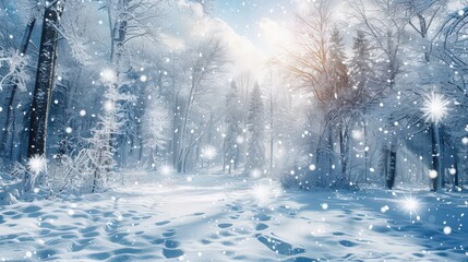 Wall Mural - A magical winter wonderland featuring a snow-covered forest clearing, where delicate snowflakes fall softly onto untouched snow